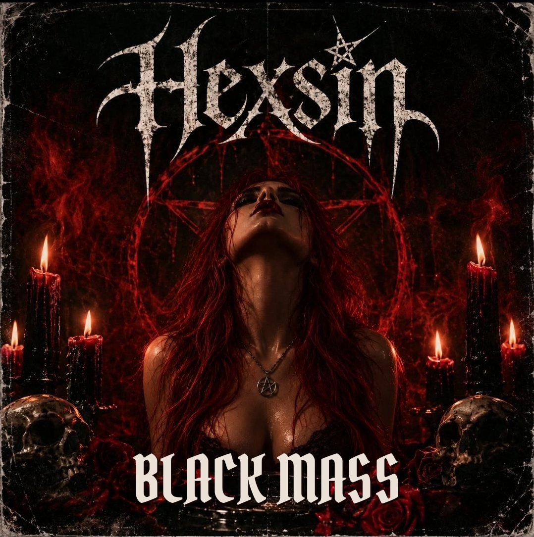 BLACK MASS album cover: a red-haired woman at a candlelit ritual altar beneath the HEXSIN wordmark, skulls and red roses at her sides