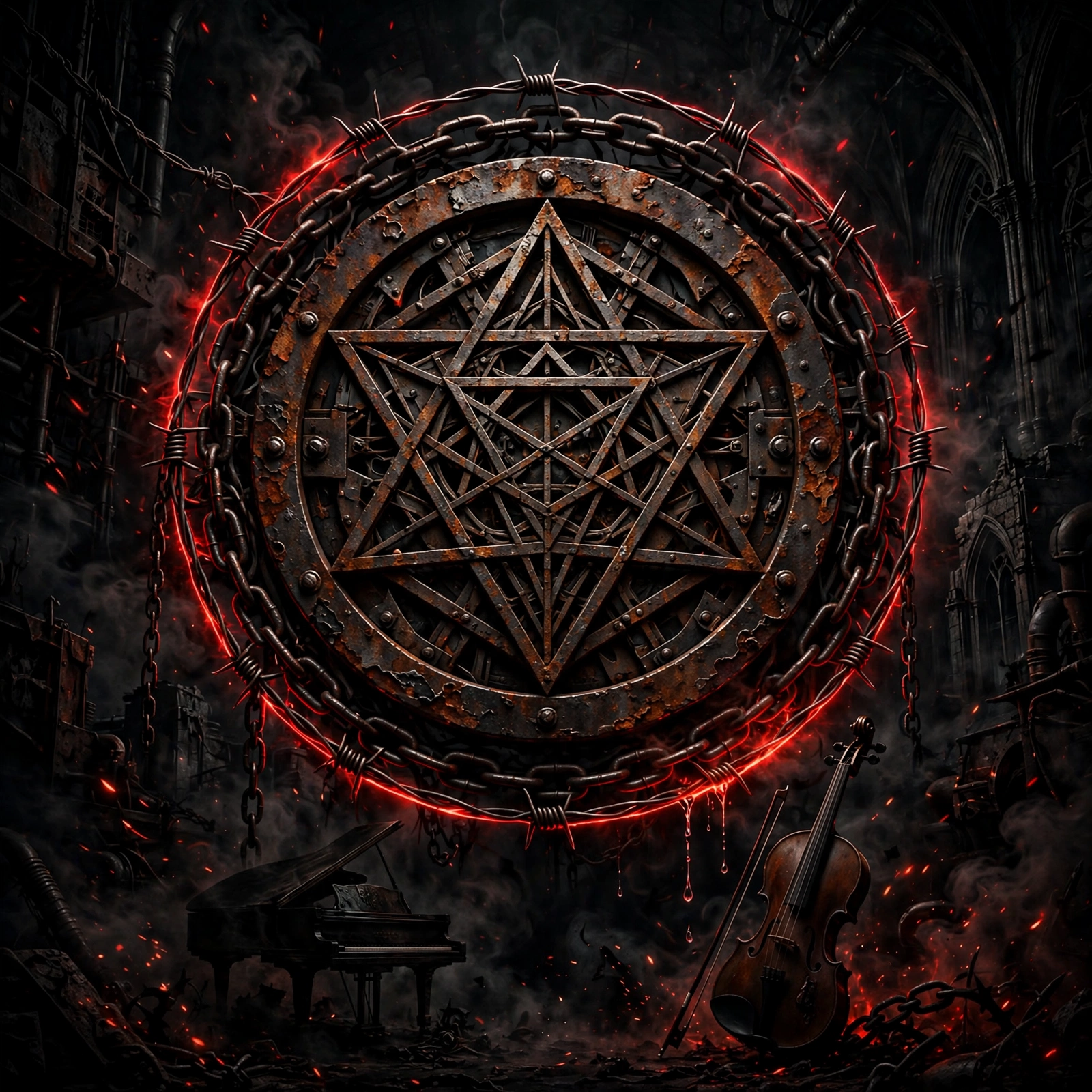 HEXSIN rusted-metal emblem wrapped in chains and barbed wire, with a grand piano and violin below in a dark cathedral