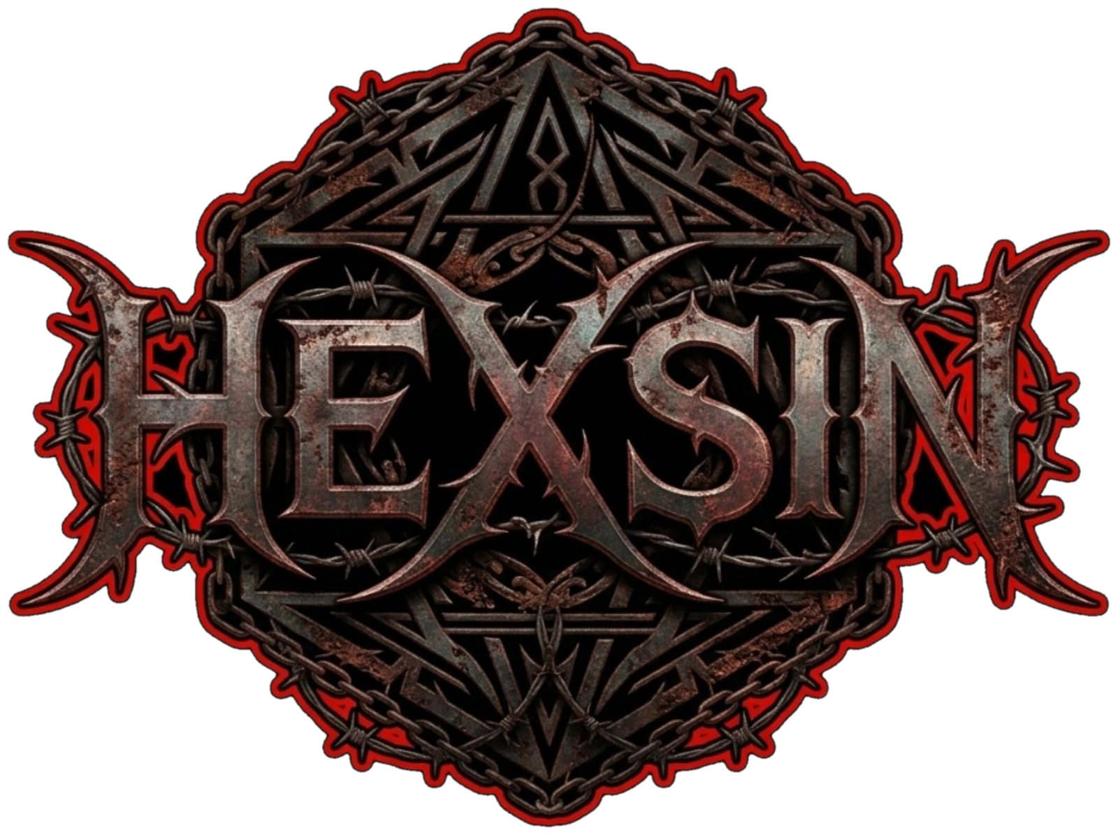 HEXSIN — official rusted-metal wordmark with red outline over the chained pentagram emblem