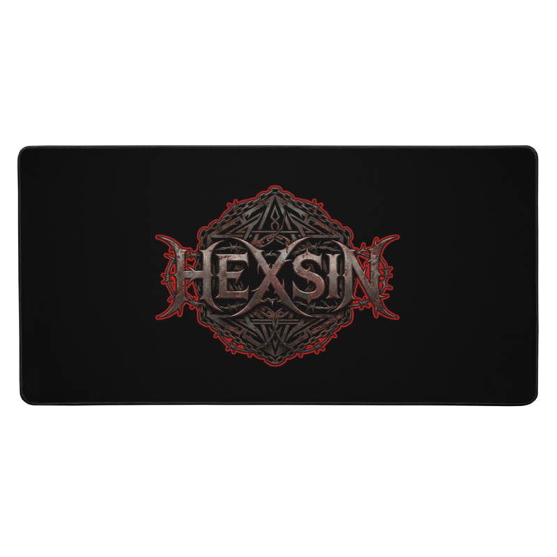 HEXSIN Desk Mat product mockup: a wide black desk mat with the full rusted-metal HEXSIN wordmark over the chained emblem printed big in the centre