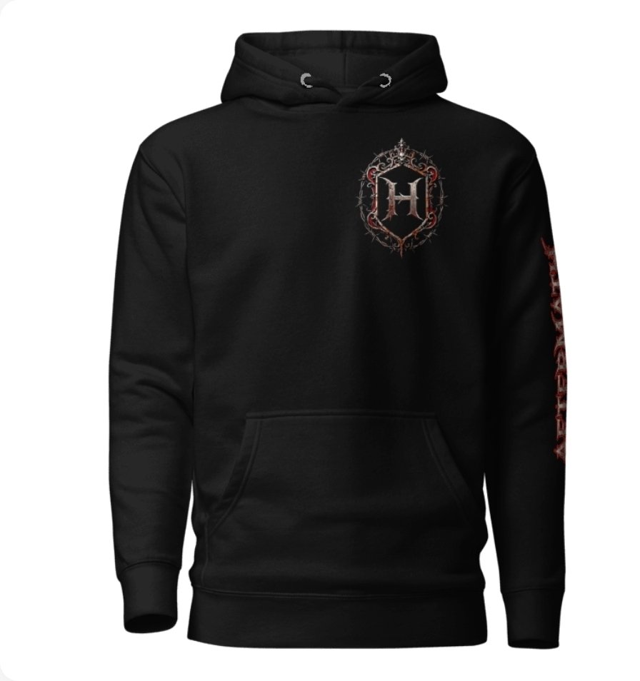 Black HEXSIN hoodie, front view: barbed-wire crest with an H on the chest and AFTERMATH in red gothic down the sleeve