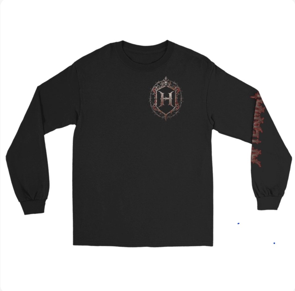 Black HEXSIN long-sleeve shirt, front view: barbed-wire crest with an H on the chest and AFTERMATH in red gothic down the sleeve