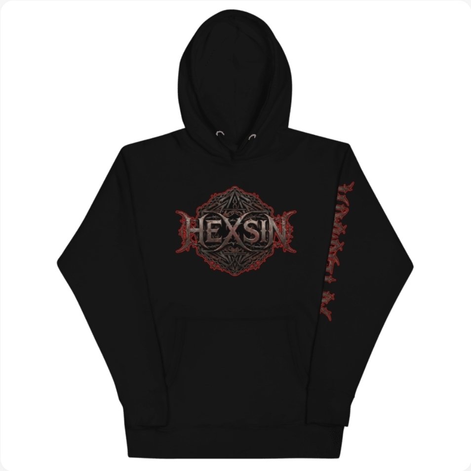 Black HEXSIN hoodie, front view: the full rusted-metal HEXSIN wordmark over the chained emblem on the chest, AFTERMATH in red gothic down the sleeve