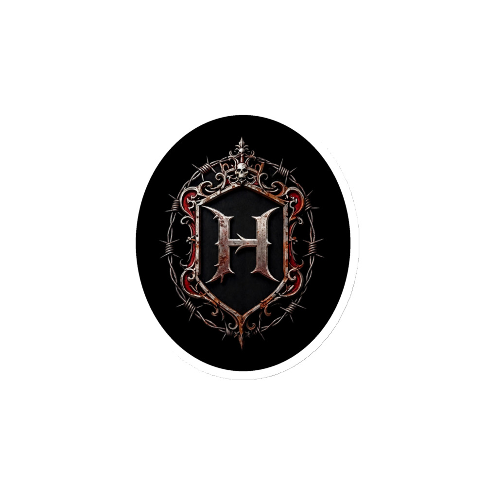 HEXSIN Emblem Magnet product mockup: the barbed-wire H emblem crest on a solid black oval backing, the magnet cut to the oval shape