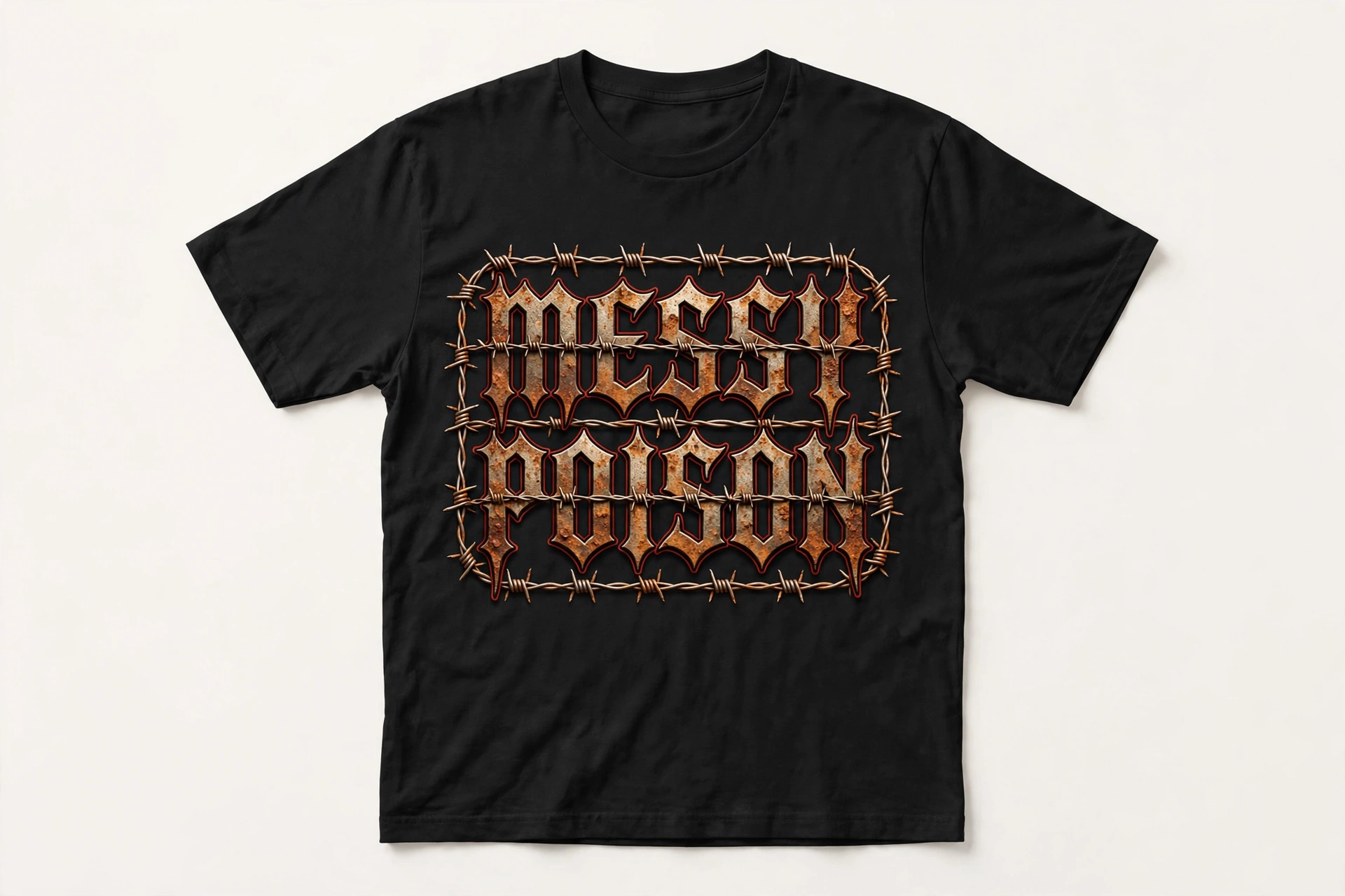 Black HEXSIN t-shirt, front view: MESSY POISON in rusted gothic lettering wrapped in barbed wire, red outline, across the chest