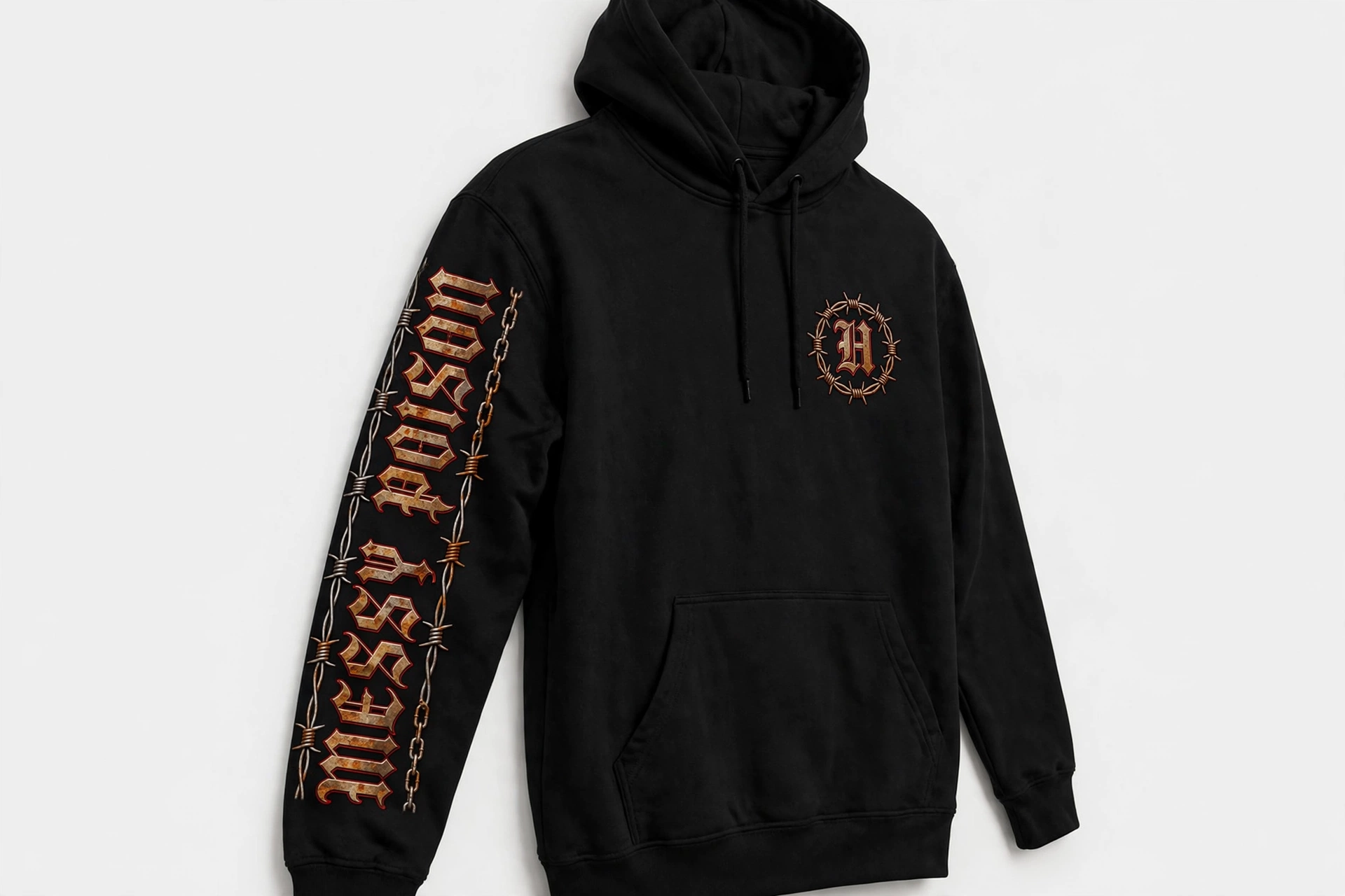 Black HEXSIN hoodie, front view: barbed-wire H crest on the chest and MESSY POISON in rusted gothic lettering running down the left sleeve