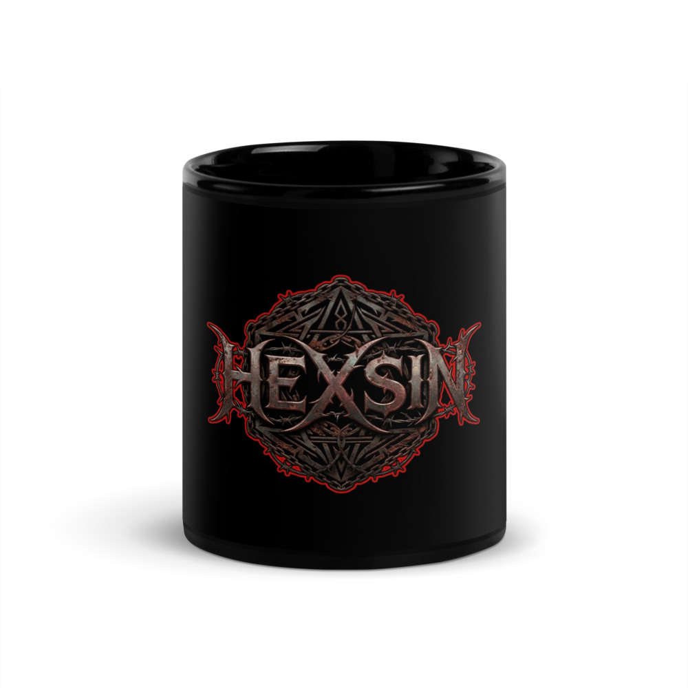HEXSIN Logo Mug product mockup, front view: the full rusted-metal HEXSIN wordmark over the chained emblem printed on a black glossy mug