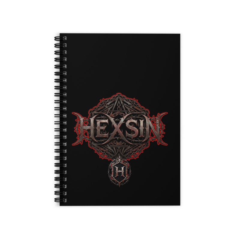 HEXSIN Notebook product mockup: a black spiral notebook with the rusted-metal HEXSIN wordmark over the chained emblem and the small H crest on the cover