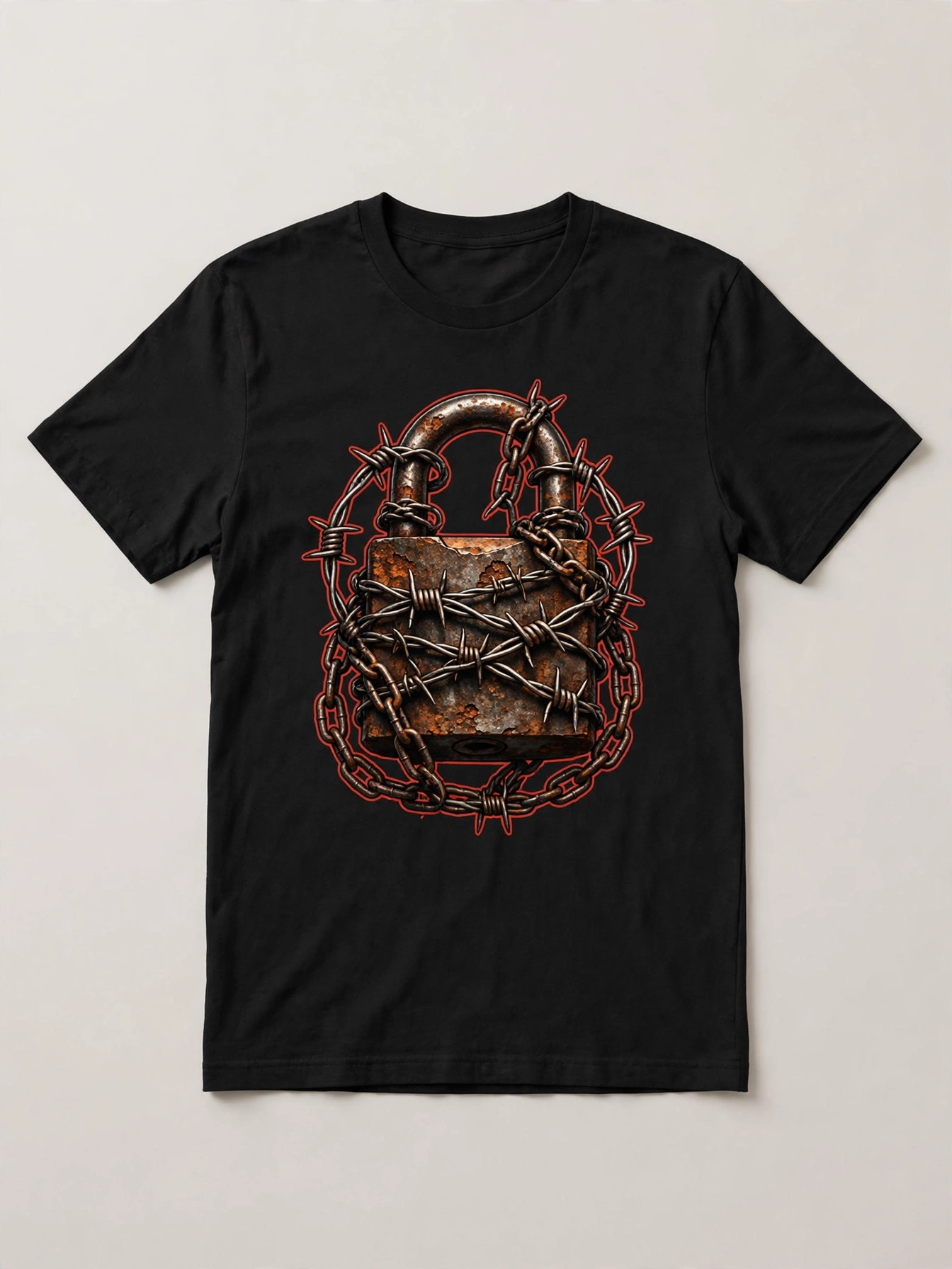 Black HEXSIN t-shirt, front view: a rusted padlock wrapped in barbed wire and chains with a red outline on the chest