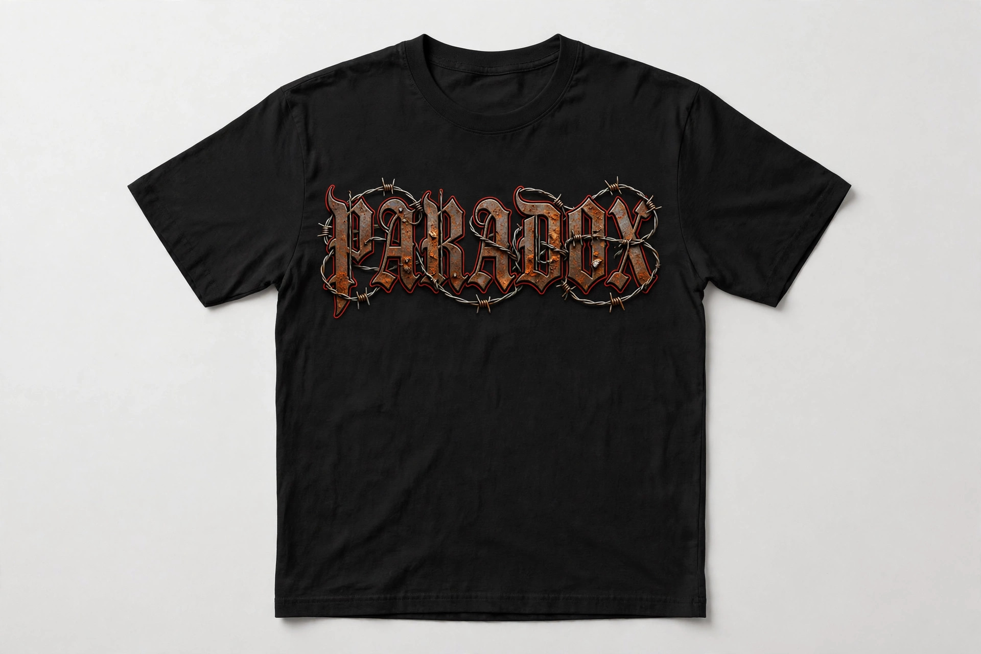 Black HEXSIN t-shirt, front view: PARADOX in rusted gothic lettering wrapped in barbed wire, red outline, across the chest