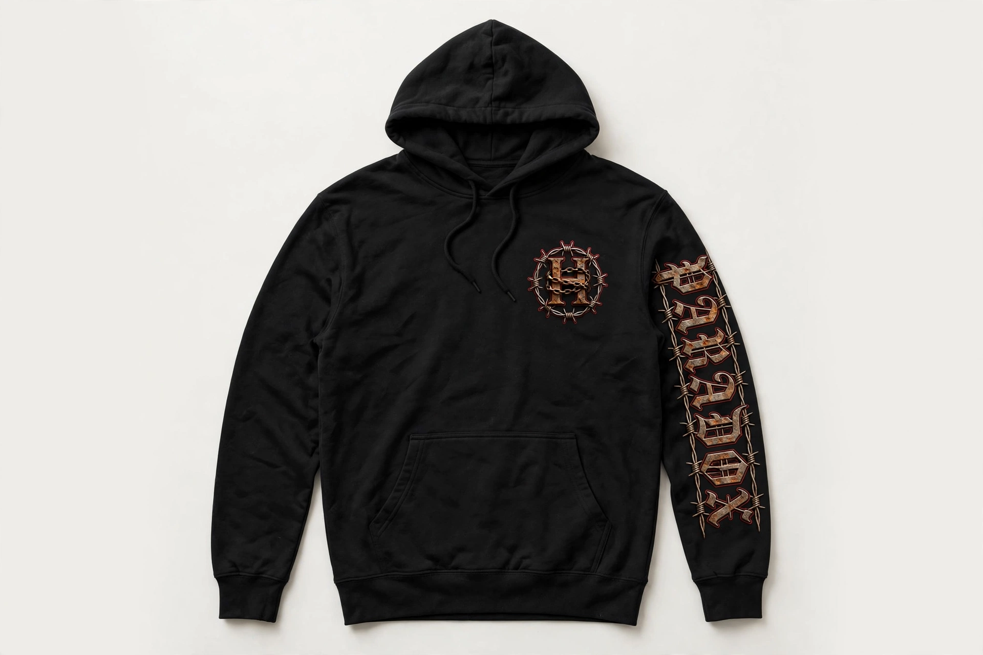 Black HEXSIN hoodie, front view: small barbed-wire H crest on the upper left chest and PARADOX in rusted gothic lettering running down the left sleeve
