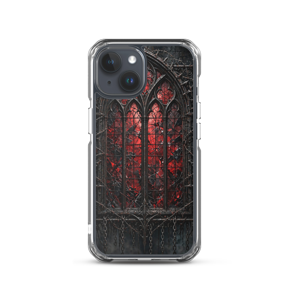 HEXSIN Cathedral Phone Case product mockup: a clear iPhone case printed with the cathedral window — red stained glass behind black gothic arches, barbed wire and chains