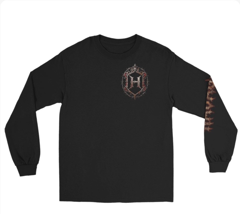 Black HEXSIN long-sleeve shirt, front view: barbed-wire crest with an H on the chest and RAVAGE in bone-and-rust gothic down the sleeve