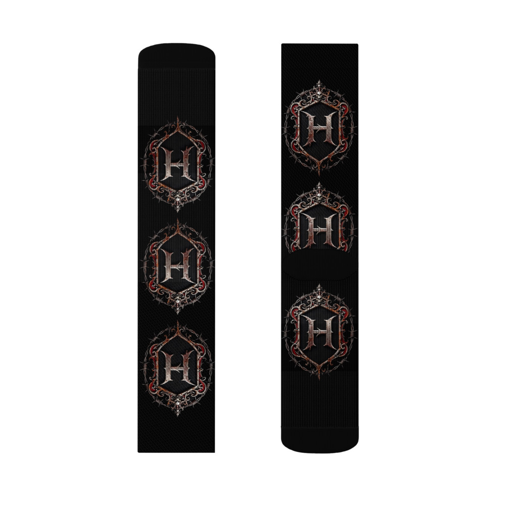 HEXSIN Socks product mockup: black sublimation socks with the barbed-wire H emblem repeated down the leg, front and back views side by side