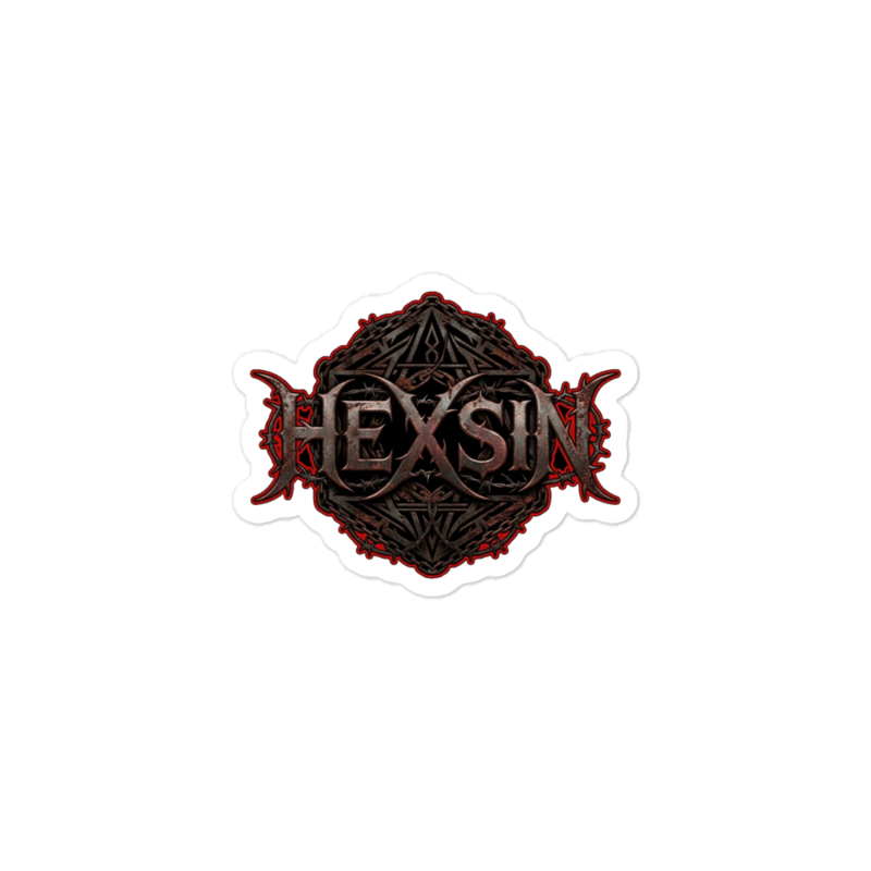 The HEXSIN Sticker Pack — the Logo sticker: the full rusted-metal HEXSIN wordmark over the chained emblem as a kiss-cut vinyl decal