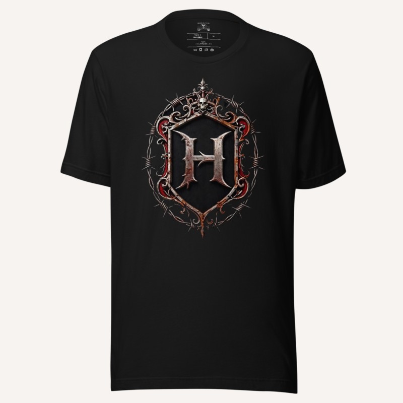 Black HEXSIN t-shirt, front view: barbed-wire crest with an H on the chest