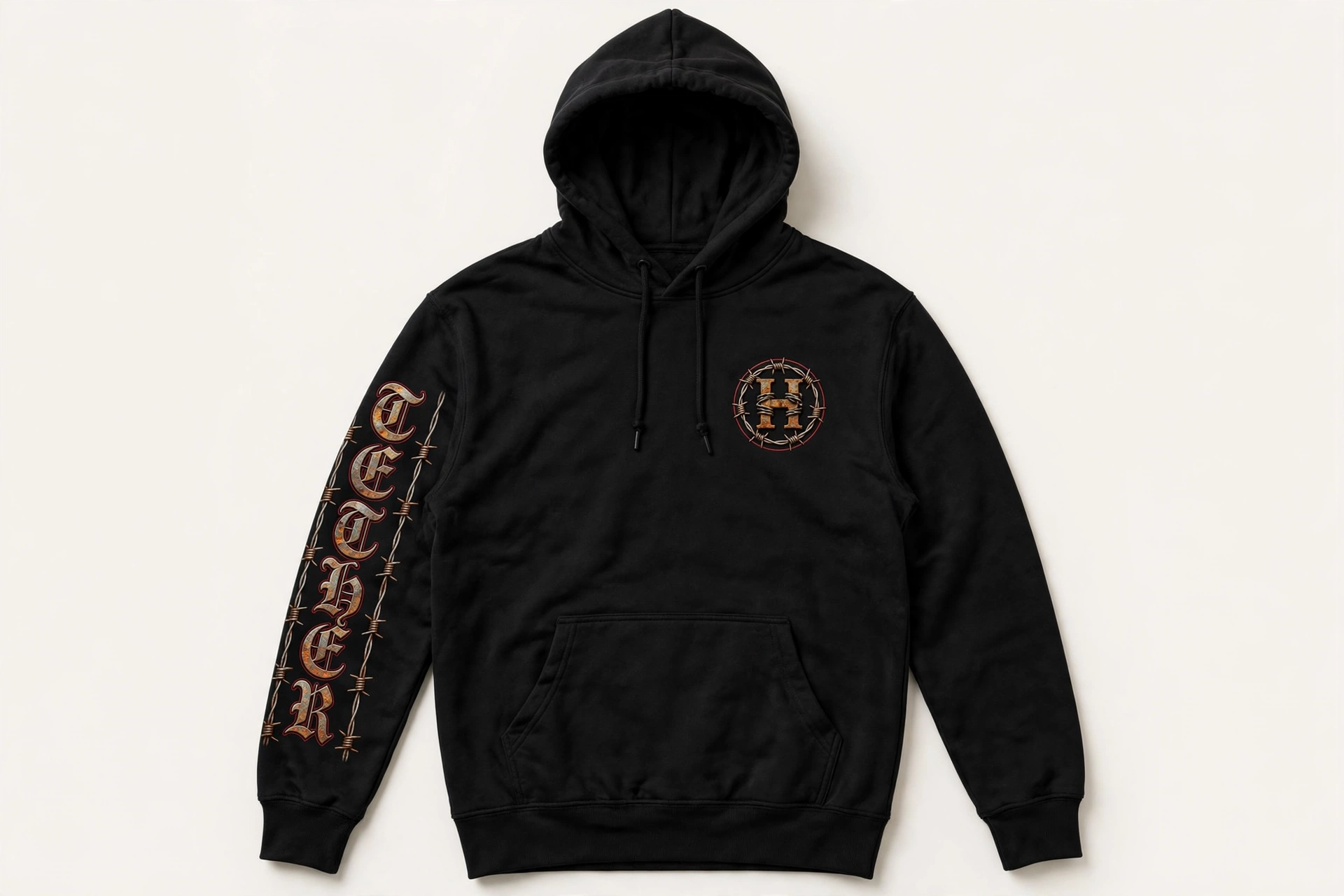 Black HEXSIN hoodie, front view: barbed-wire H crest on the chest and TETHER in rusted gothic lettering running down the left sleeve