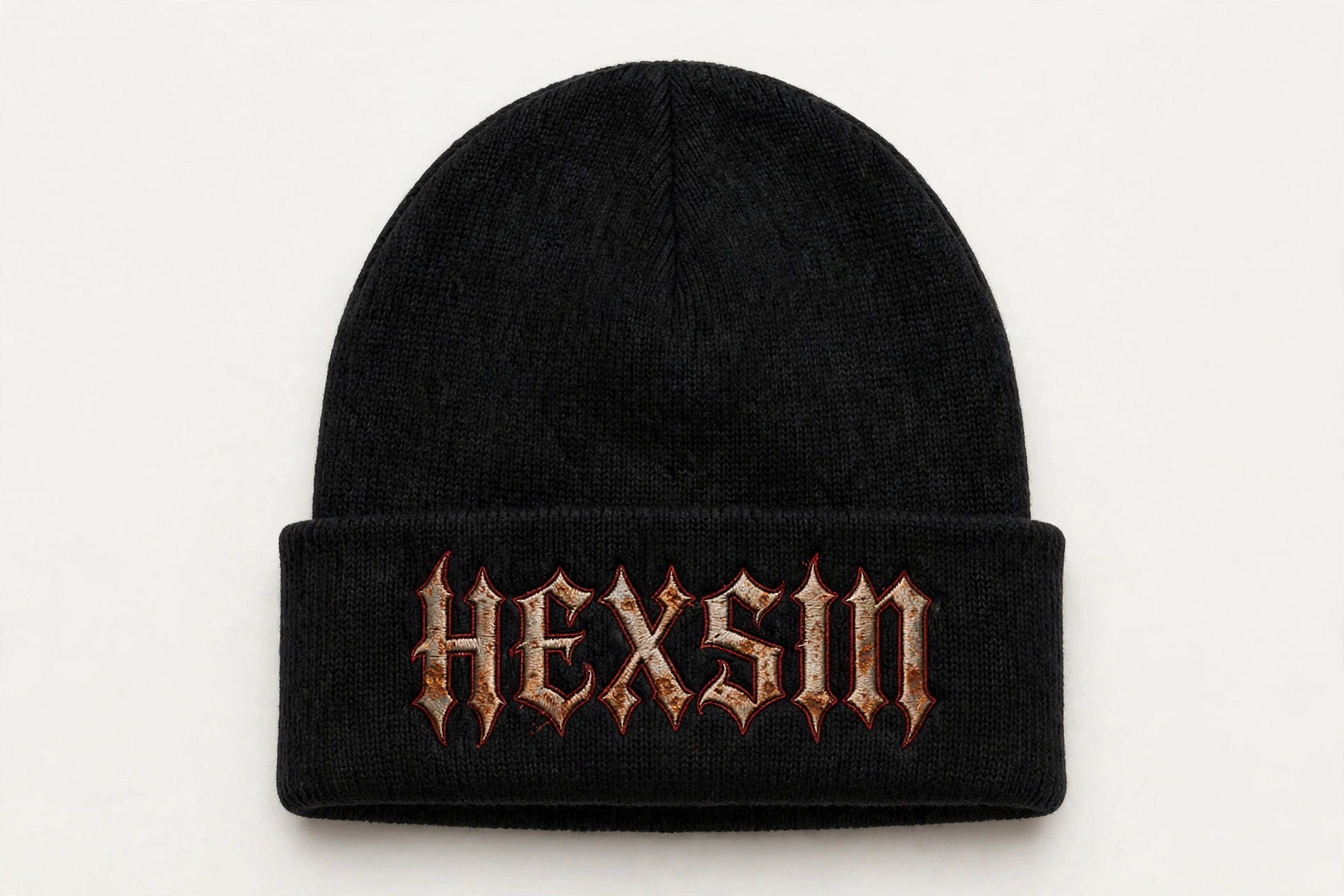 Black HEXSIN cuffed knit toque, front view: the full rusted-metal HEXSIN wordmark embroidered across the front cuff with a red outline