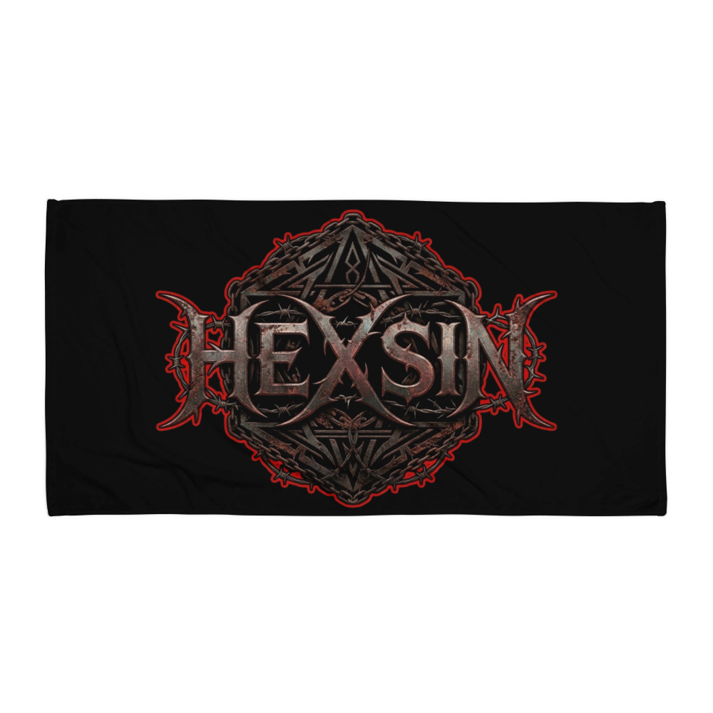 Black HEXSIN beach towel laid flat: the full rusted-metal HEXSIN wordmark over the chained emblem printed big in the centre with a red outline