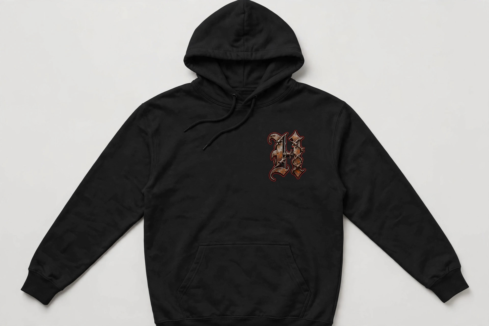 Black HEXSIN hoodie, front view: the rusted barbed-wire H emblem on the chest