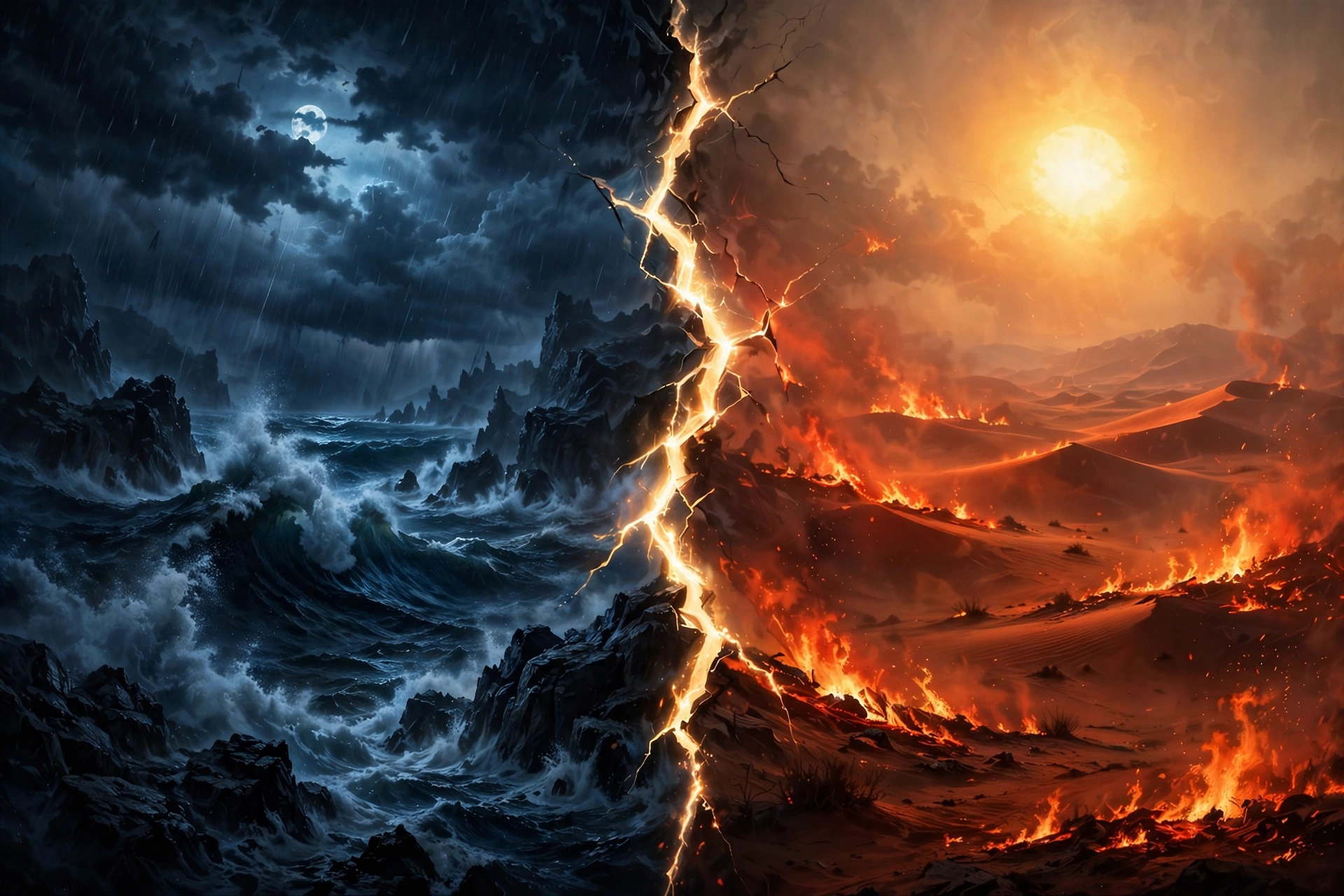 Split artwork: stormy ocean under moonlight on the left, burning desert dunes under a harsh sun on the right